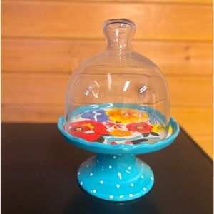 Pioneer Woman Flea Market cupcake stand with glass lid. Ceramic and glass.